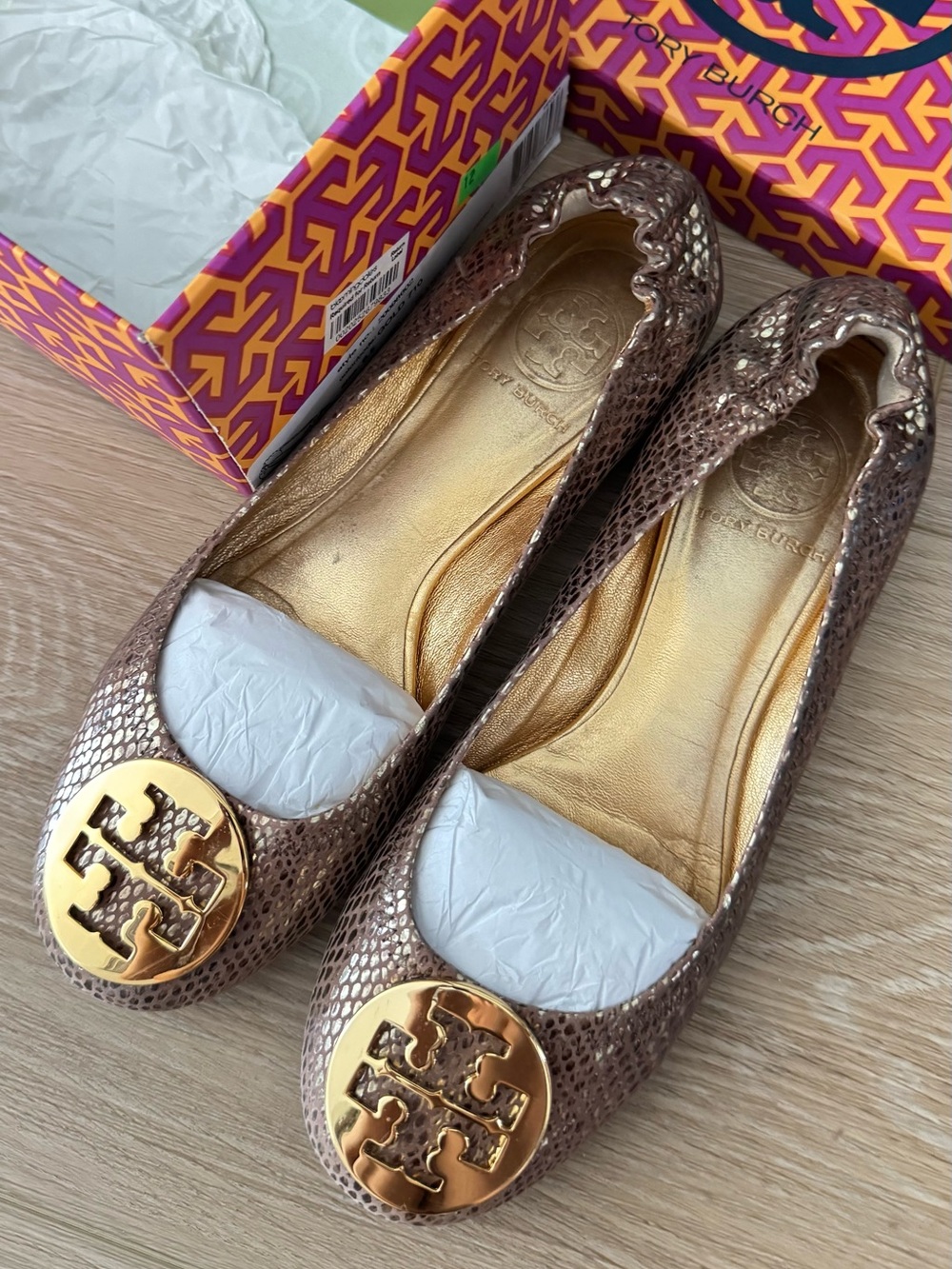 Tory Burch Metallic Gold Reva Snake-Print Ballet Flats